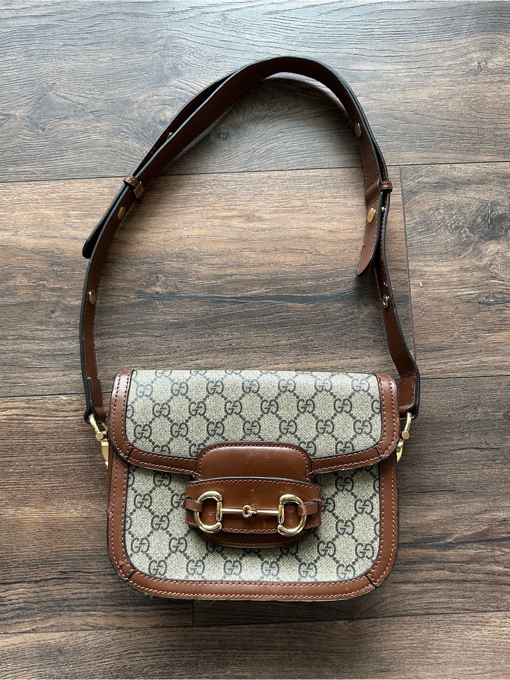 Gucci Beige Canvas and Brown Leather Horsebit Shoulder Bag